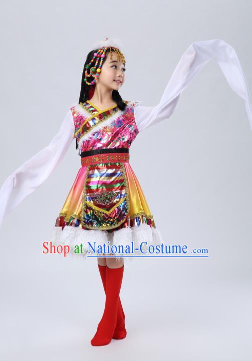 Traditional Chinese Zang Nationality Dancing Costume, Tibetan Children Folk Dance Ethnic Pleated Skirt, Chinese Tibetan Minority Water Sleeve Pink Dress for Kids