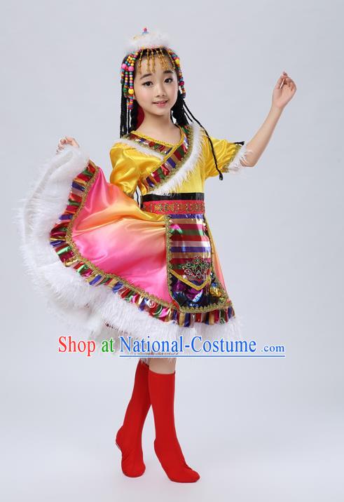 Traditional Chinese Zang Nationality Dancing Costume, Tibetan Children Folk Dance Ethnic Pleated Skirt, Chinese Tibetan Minority Yellow Dress for Kids