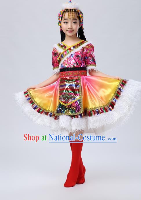 Traditional Chinese Zang Nationality Dancing Costume, Tibetan Children Folk Dance Ethnic Pleated Skirt, Chinese Tibetan Minority Pink Dress for Kids