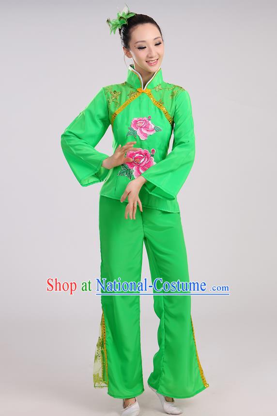 Traditional Chinese Yangge Fan Dancing Costume, Folk Dance Yangko Mandarin Sleeve Uniform Drum Dance Green Clothing for Women