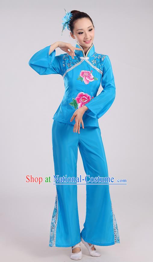 Traditional Chinese Yangge Fan Dancing Costume, Folk Dance Yangko Mandarin Sleeve Uniform Drum Dance Blue Clothing for Women