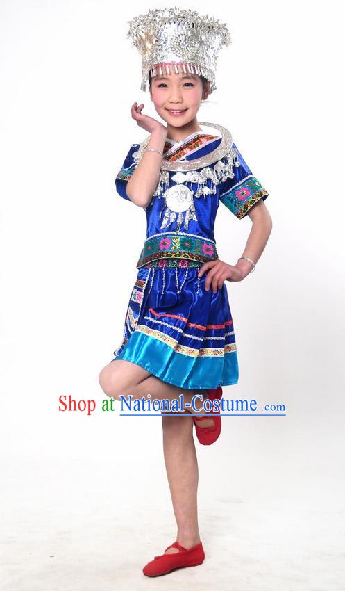 Traditional Chinese Miao Nationality Dancing Costume, Hmong Children Folk Dance Ethnic Pleated Skirt, Chinese Miao Minority Embroidery Blue Clothing for Kids