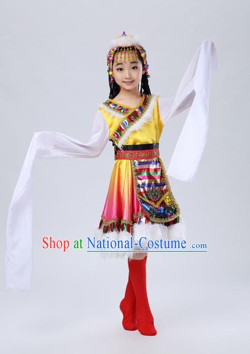 Traditional Chinese Zang Nationality Dancing Costume, Tibetan Children Folk Dance Ethnic Pleated Skirt, Chinese Tibetan Minority Water Sleeve Yellow Dress for Kids