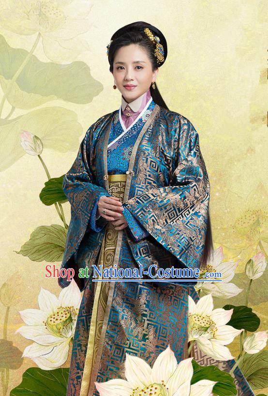 Traditional Chinese Ancient Song Dynasty Imperial Consort Costume and Headpiece Complete Set, Chinese Teleplay Flower Shabana Flyings Sky Senior Concubine Embroidered Dress for Women