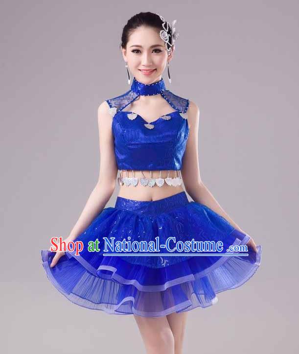 Traditional Chinese Modern Dance Costume, Women Opening Dance Chorus Group Uniforms Short Paillette Blue Bubble Dress for Women