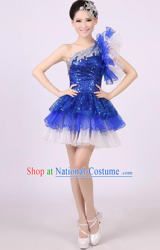 Traditional Chinese Modern Dance Costume, Women Opening Dance Chorus Group Uniforms One-shoulder Short Blue Bubble Dress for Women