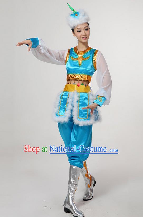 Traditional Chinese Mongol Nationality Dancing Costume, Mongols Female Folk Dance Ethnic Clothing, Chinese Mongolian Minority Nationality Blue Costume for Women