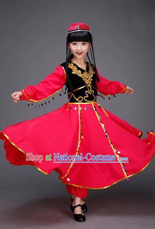 Traditional Chinese Uyghur Nationality Dancing Costume, Children Folk Dance Ethnic Costume, Chinese Minority Nationality Uigurian Dance Costume for Kids