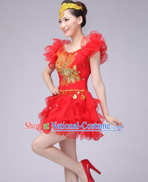 Traditional Chinese Modern Dance Costume, Women Opening Dance Chorus Group Uniforms Short Red Bubble Dress for Women