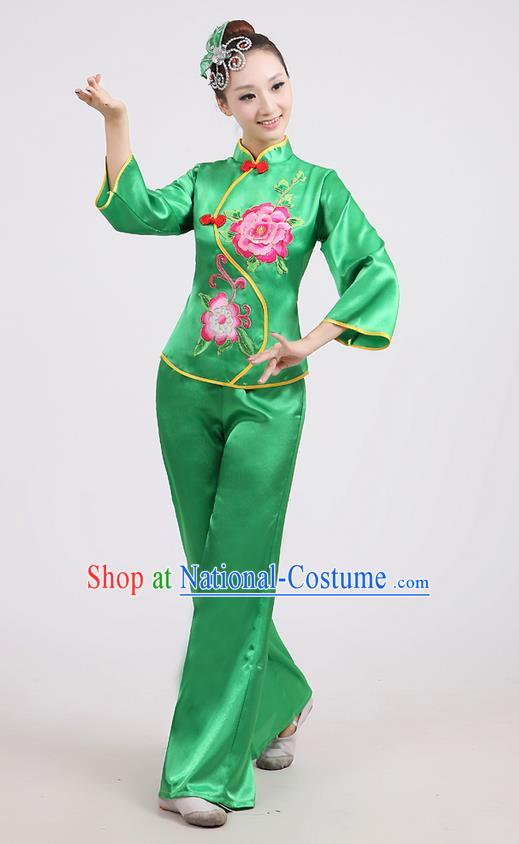 Traditional Chinese Classical Dance Yangge Fan Dance Costume, Folk Dance Drum Dance Peony Uniform Yangko Green Clothing for Women