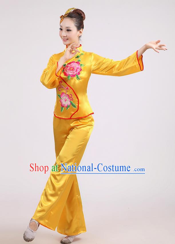 Traditional Chinese Classical Dance Yangge Fan Dance Costume, Folk Dance Drum Dance Peony Uniform Yangko Yellow Clothing for Women