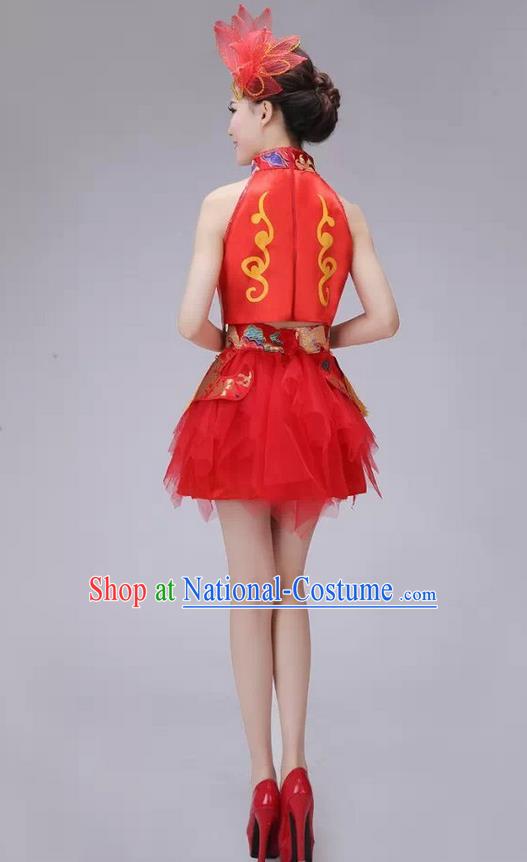 Traditional Chinese Modern Dance Costume, China Style Women Opening Dance Chorus Group Uniforms Short Red Bubble Dress for Women