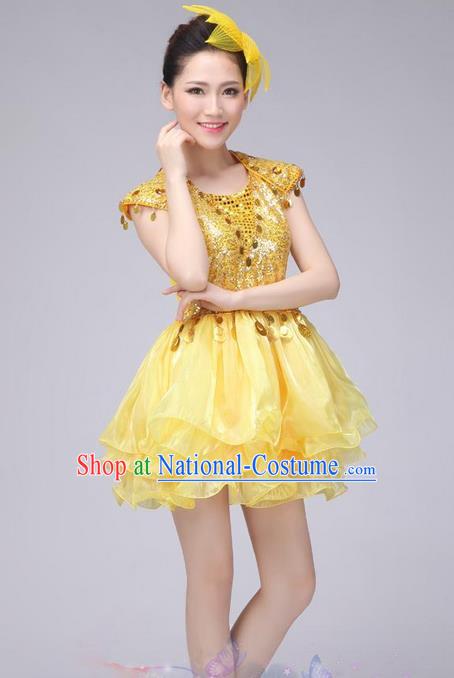 Traditional Chinese Modern Dance Costume, China Style Women Opening Dance Chorus Group Uniforms Golden Paillette Short Bubble Dress for Women