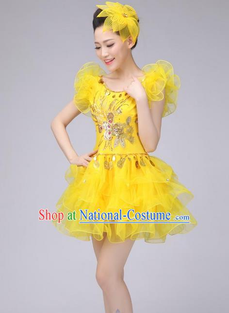 Traditional Chinese Modern Dance Costume, Women Opening Dance Chorus Group Uniforms Short Yellow Bubble Dress for Women