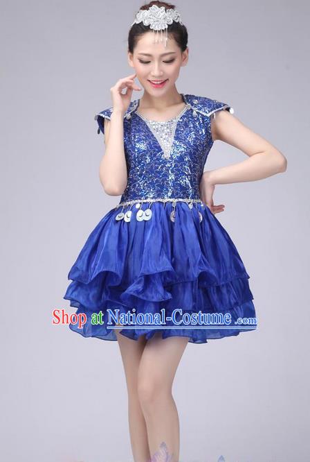 Traditional Chinese Modern Dance Costume, China Style Women Opening Dance Chorus Group Uniforms Blue Paillette Short Bubble Dress for Women