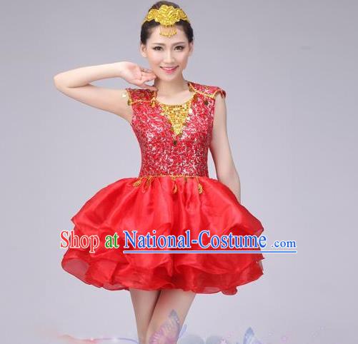 Traditional Chinese Modern Dance Costume, China Style Women Opening Dance Chorus Group Uniforms Red Paillette Short Bubble Dress for Women