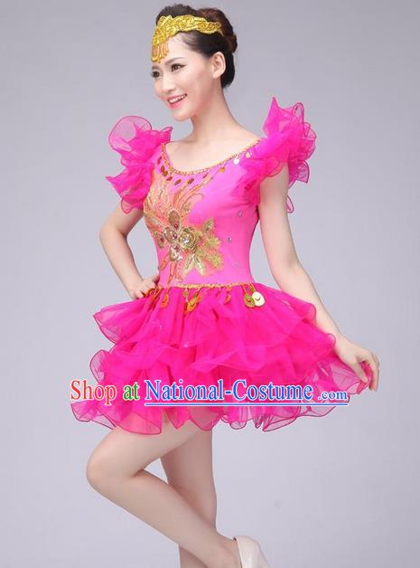 Traditional Chinese Modern Dance Costume, Women Opening Dance Chorus Group Uniforms Short Pink Bubble Dress for Women