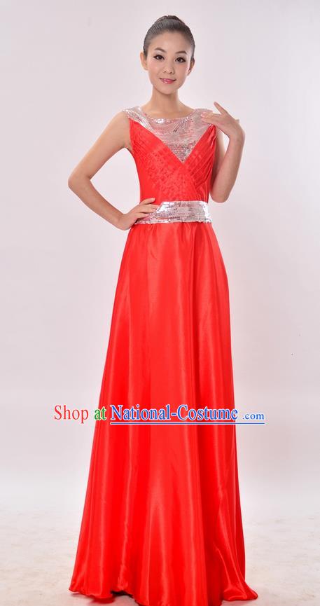 Top Grade Professional Compere Modern Dance Costume, Women Opening Dance Chorus Singing Group Uniforms Red Paillette Long Dress for Women