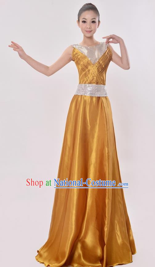 Top Grade Professional Compere Modern Dance Costume, Women Opening Dance Chorus Singing Group Uniforms Golden Paillette Long Dress for Women