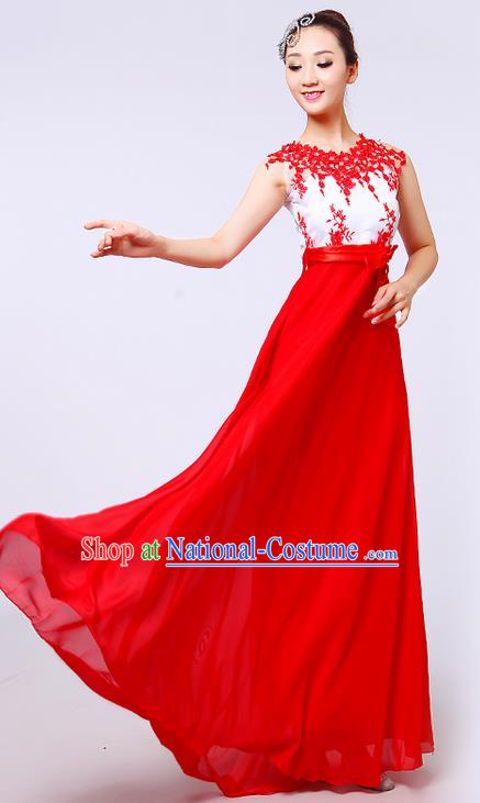 Top Grade Professional Compere Modern Dance Costume, Women Opening Dance Chorus Singing Group Uniforms Red Lace Long Dress for Women