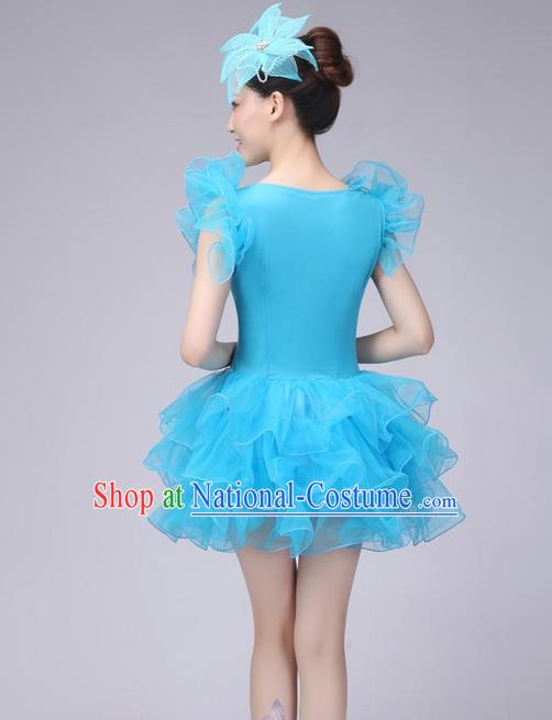 Traditional Chinese Modern Dance Costume, Women Opening Dance Chorus Group Uniforms Short Blue Bubble Dress for Women