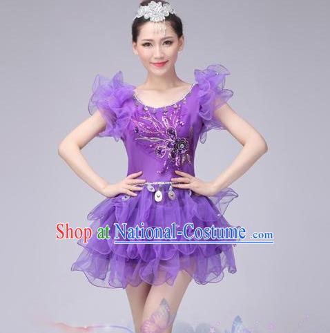 Traditional Chinese Modern Dance Costume, Women Opening Dance Chorus Group Uniforms Short Purple Bubble Dress for Women