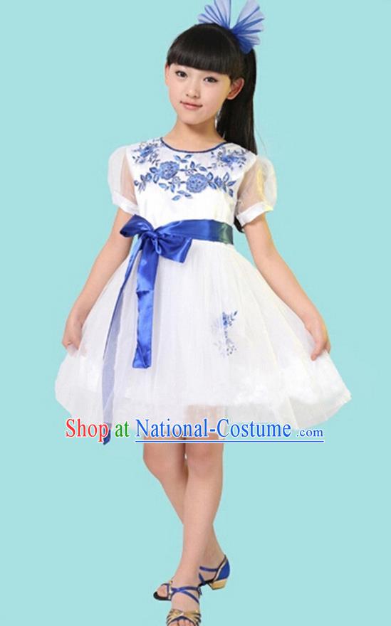 Top Grade Professional Performance Catwalks Costume, Children Chorus Full Dress Modern Dance Little Princess White Bubble Dress for Girls Kids