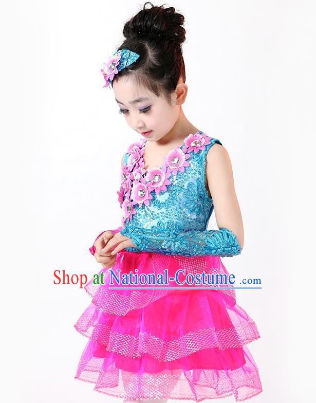 Top Grade Professional Performance Catwalks Costume, Children Chorus Full Dress Modern Dance Little Princess Paillette Pink Bubble Dress for Girls Kids