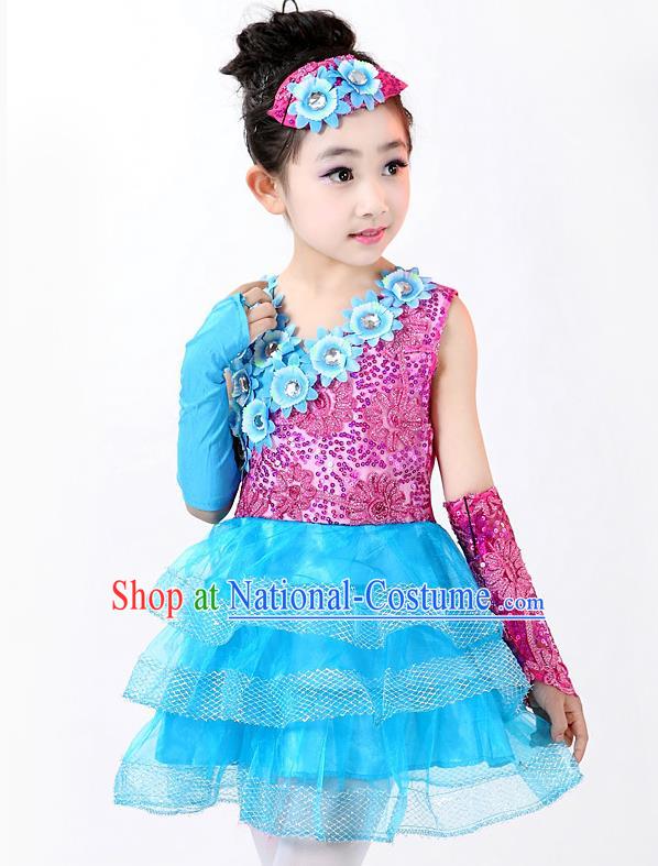 Top Grade Professional Performance Catwalks Costume, Children Chorus Full Dress Modern Dance Little Princess Paillette Blue Bubble Dress for Girls Kids