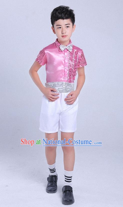 Top Grade Professional Performance Catwalks Costume, Children Chorus Modern Dance Pink Paillette Clothing for Boys Kids