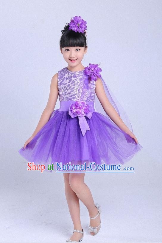 Top Grade Professional Performance Catwalks Costume, Children Chorus Modern Dance Purple Paillette Bubble Dress for Girls Kids