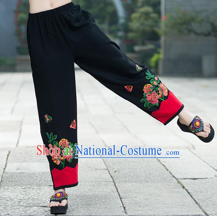 Traditional Chinese National Costume Plus Fours, Elegant Hanfu Embroidered Black Linen Bloomers, China Ethnic Minorities Tang Suit Pantalettes for Women