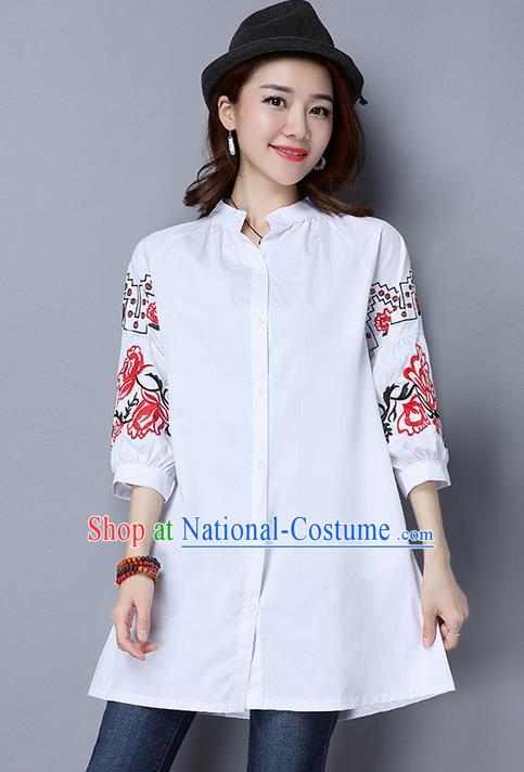 Traditional Chinese National Costume, Elegant Hanfu Embroidery White Shirt, China Tang Suit Chirpaur Blouse Cheong-sam Upper Outer Garment Qipao Shirts Clothing for Women