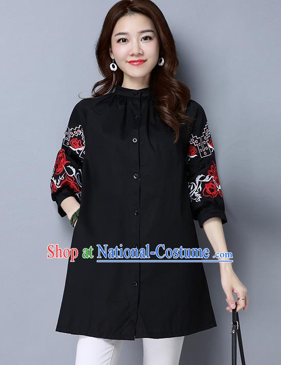 Traditional Chinese National Costume, Elegant Hanfu Embroidery Black Shirt, China Tang Suit Chirpaur Blouse Cheong-sam Upper Outer Garment Qipao Shirts Clothing for Women