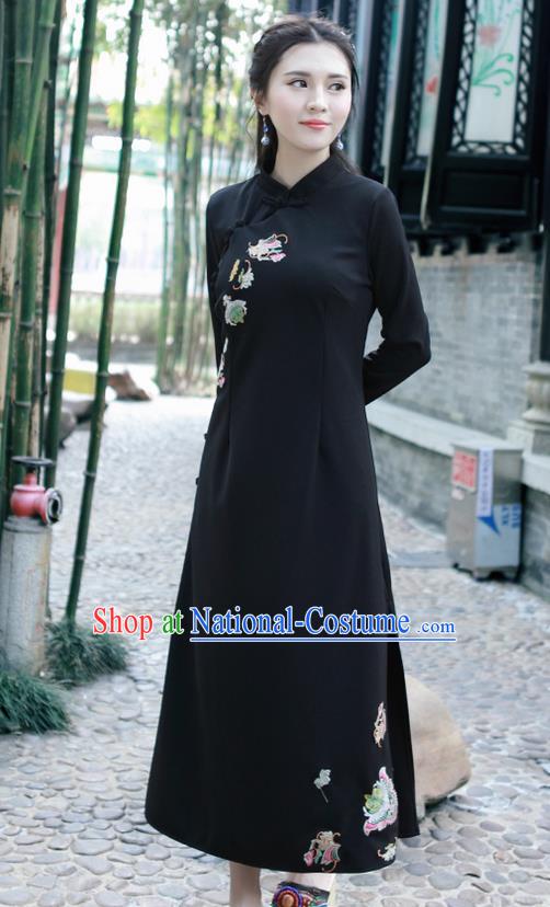 Traditional Ancient Chinese National Costume, Elegant Hanfu Mandarin Qipao Linen Hand Embroidery Black Dress, China Tang Suit Chirpaur Republic of China Stand Collar Cheongsam Upper Outer Garment Elegant Dress Clothing for Women