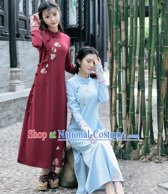 Traditional Ancient Chinese Young Women Cheongsam Dress Republic of China Tangsuit Stand Collar Blouse Dress Tang Suit Clothing for Women