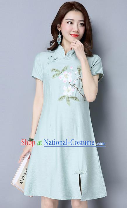 Traditional Ancient Chinese National Costume, Elegant Hanfu Mandarin Qipao Linen Hand Painting Blue Dress, China Tang Suit Chirpaur Republic of China Stand Collar Cheongsam Upper Outer Garment Elegant Dress Clothing for Women