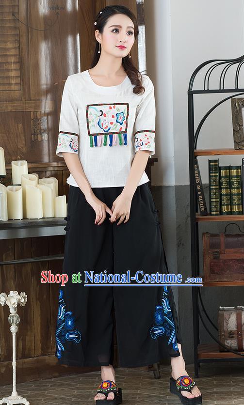 Traditional Chinese National Costume Loose Pants, Elegant Hanfu Embroidered Chiffon Black Wide leg Pants, China Ethnic Minorities Tang Suit Ultra-wide-leg Trousers for Women