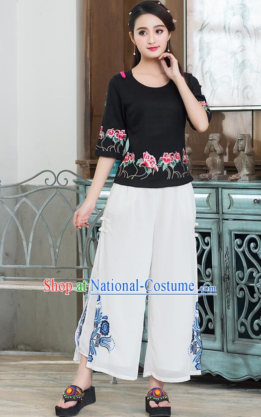 Traditional Chinese National Costume Loose Pants, Elegant Hanfu Embroidered Chiffon White Wide leg Pants, China Ethnic Minorities Tang Suit Ultra-wide-leg Trousers for Women