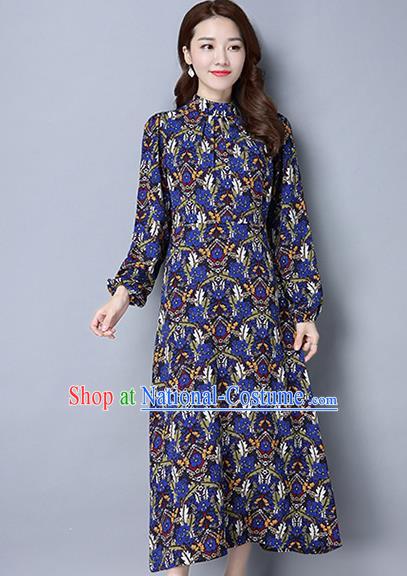 Traditional Ancient Chinese National Costume, Elegant Hanfu Mandarin Qipao Linen Puff Sleeve Blue Dress, China Tang Suit Chirpaur Republic of China Cheongsam Upper Outer Garment Elegant Dress Clothing for Women