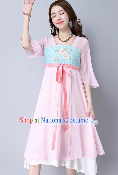 Traditional Ancient Chinese National Costume, Elegant Hanfu Mandarin Qipao Embroidery Pink Dress, China Tang Suit Mandarin Sleeve Chirpaur Republic of China Cheongsam Upper Outer Garment Elegant Dress Clothing for Women