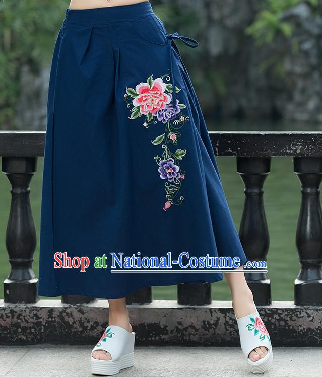 Traditional Ancient Chinese National Pleated Skirt Costume, Elegant Hanfu Linen Embroidery Long Blue Skirts, China Tang Suit Bust Skirt for Women