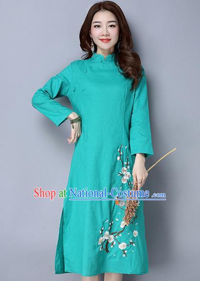 Traditional Ancient Chinese National Costume, Elegant Hanfu Mandarin Qipao Linen Painting Wintersweet Green Dress, China Tang Suit Stand Collar Chirpaur Republic of China Cheongsam Upper Outer Garment Elegant Dress Clothing for Women