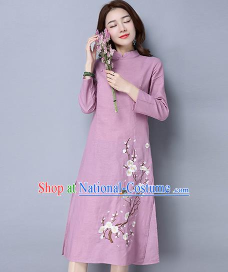 Traditional Ancient Chinese National Costume, Elegant Hanfu Mandarin Qipao Linen Painting Wintersweet Pink Dress, China Tang Suit Stand Collar Chirpaur Republic of China Cheongsam Upper Outer Garment Elegant Dress Clothing for Women