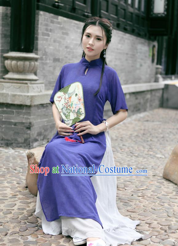 Traditional Ancient Chinese National Costume, Elegant Hanfu Mandarin Qipao Linen Double-deck Dress, China Tang Suit Stand Collar Chirpaur Republic of China Cheongsam Upper Outer Garment Elegant Dress Clothing for Women