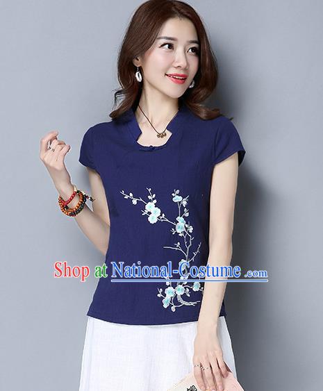 Traditional Chinese National Costume, Elegant Hanfu Embroidered Wintersweet Slant Opening Navy T-Shirt, China Tang Suit Republic of China Plated Buttons Chirpaur Blouse Cheong-sam Upper Outer Garment Qipao Shirts Clothing for Women