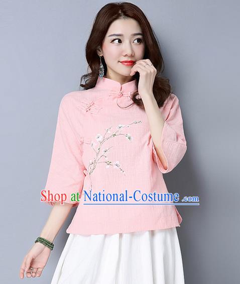 Traditional Chinese National Costume, Elegant Hanfu Painting Peach blossom Flowers Slant Opening Pink T-Shirt, China Tang Suit Republic of China Plated Buttons Chirpaur Stand Collar Blouse Cheong-sam Upper Outer Garment Qipao Shirts Clothing for Women