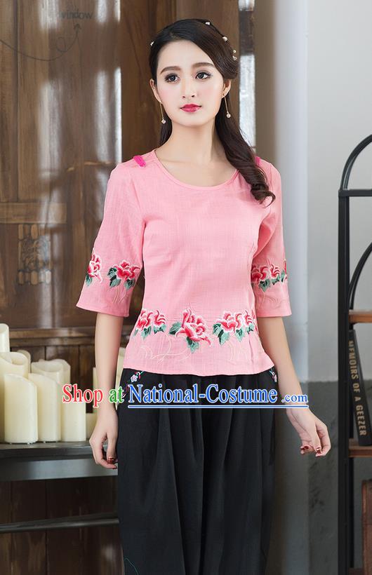 Traditional Chinese National Costume, Elegant Hanfu Embroidery Flowers Round Collar Pink T-Shirt, China Tang Suit Republic of China Plated Buttons Chirpaur Blouse Cheong-sam Upper Outer Garment Qipao Shirts Clothing for Women