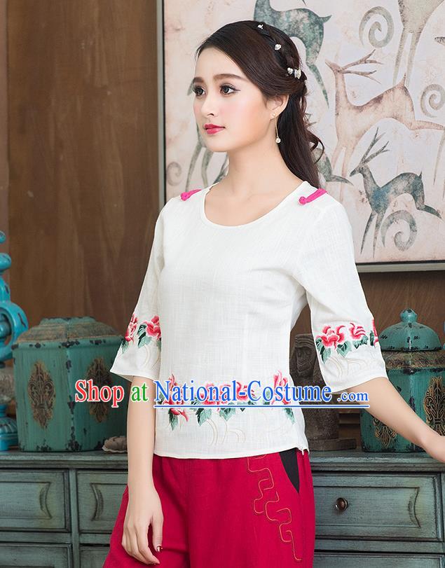 Traditional Chinese National Costume, Elegant Hanfu Embroidery Flowers Round Collar White T-Shirt, China Tang Suit Republic of China Plated Buttons Chirpaur Blouse Cheong-sam Upper Outer Garment Qipao Shirts Clothing for Women