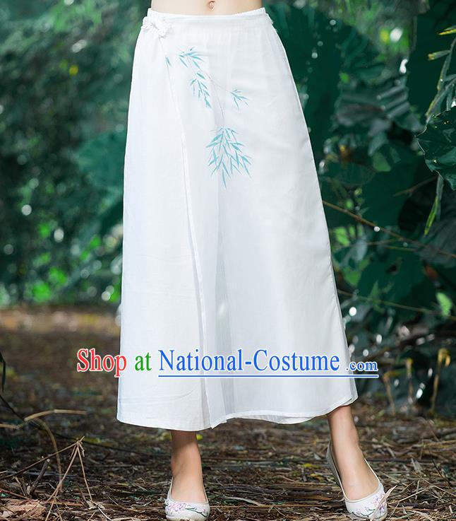 Traditional Chinese National Costume Loose Pants, Elegant Hanfu Hand Painting Bamboo leaves Chiffon White Wide leg Pants, China Ethnic Minorities Tang Suit Ultra-wide-leg Trousers for Women